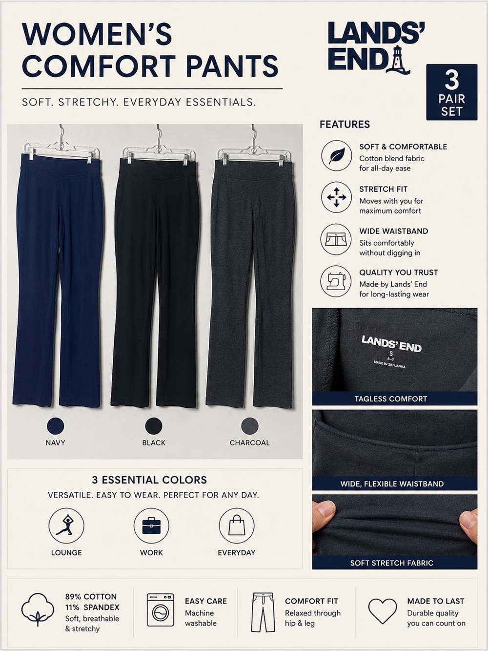 Lands' End Women's Comfort Pants -Work Pants. Size Small 3 sets.